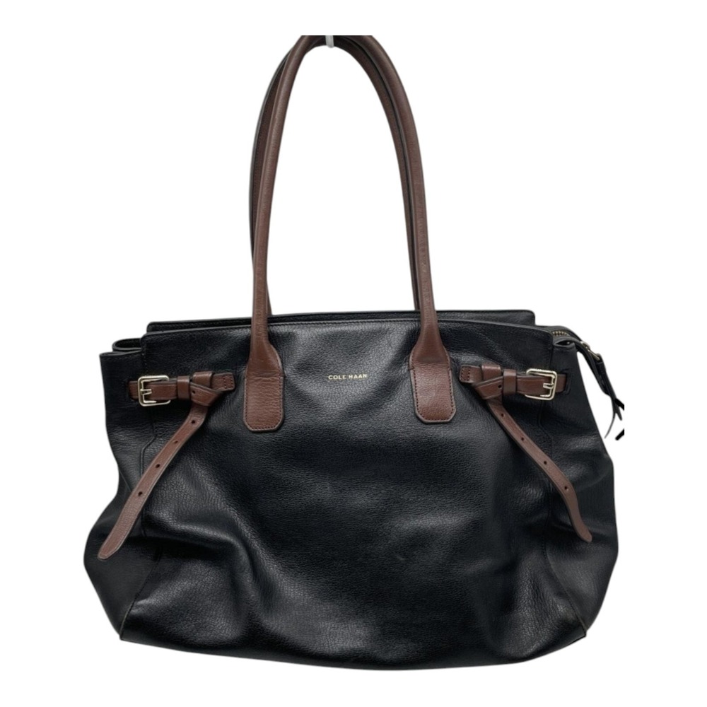 Cole Haan Black Leather Emery Satchel Brown Trim Pockets Bag